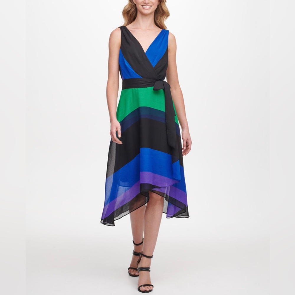 DKNY Womens Black Tie Color Block Sleeveless Party Faux Wrap Dress